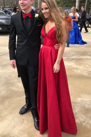 Simple Red A line V Neck Straps Long Prom Dress, Evening dresses, SP372