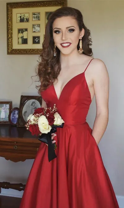 Simple Red A line V Neck Straps Long Prom Dress, Evening dresses, SP372