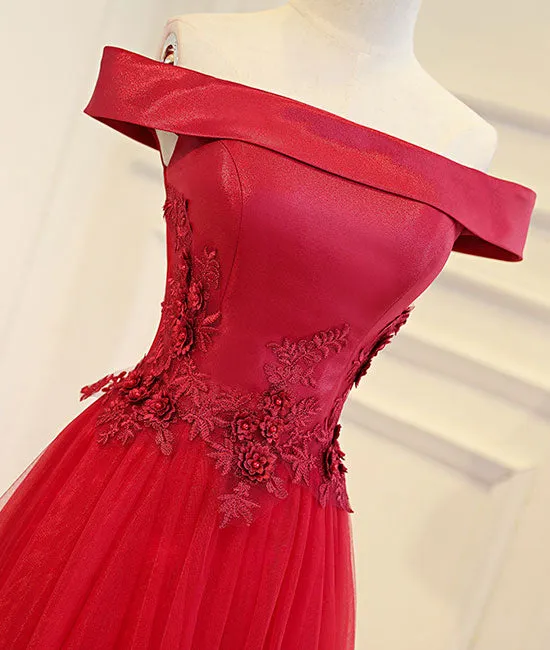 Simple red tulle lace applique long prom dress, red evening dress