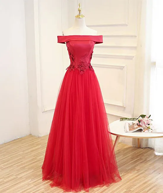 Simple red tulle lace applique long prom dress, red evening dress