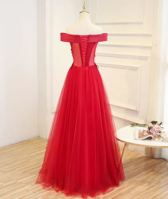 Simple red tulle lace applique long prom dress, red evening dress