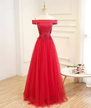 Simple red tulle lace applique long prom dress, red evening dress