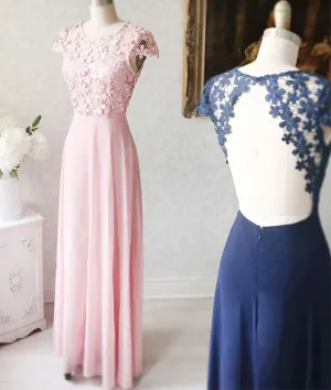 Simple round neck chiffon lace long prom dress. lace evening dress