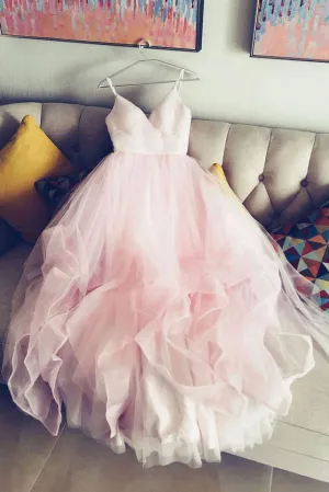 simple spaghetti straps v neck tulle pink prom/evening dresses, pink tulle bridal dress OK228