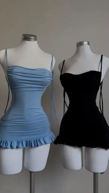 Simple Straps Black/Blue Short Backless Homecoming Dresses         fg6634