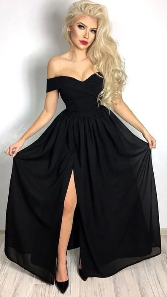 Simple sweetheart black long prom dress, black evening dress