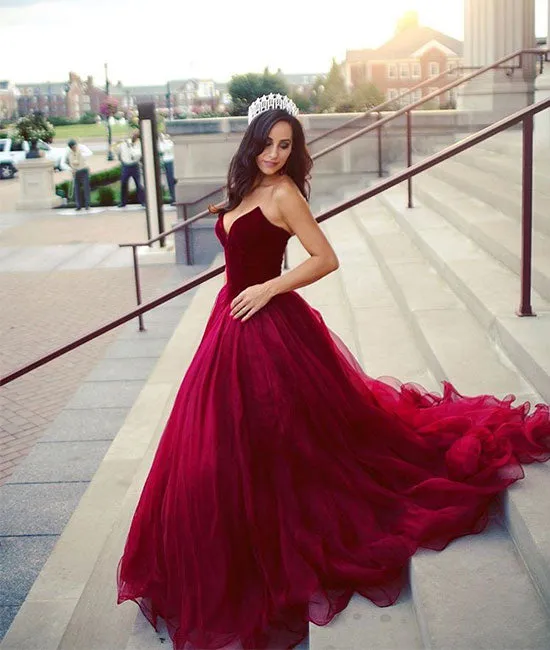 Simple sweetheart tulle burgundy long prom dress, burgundy evening dress
