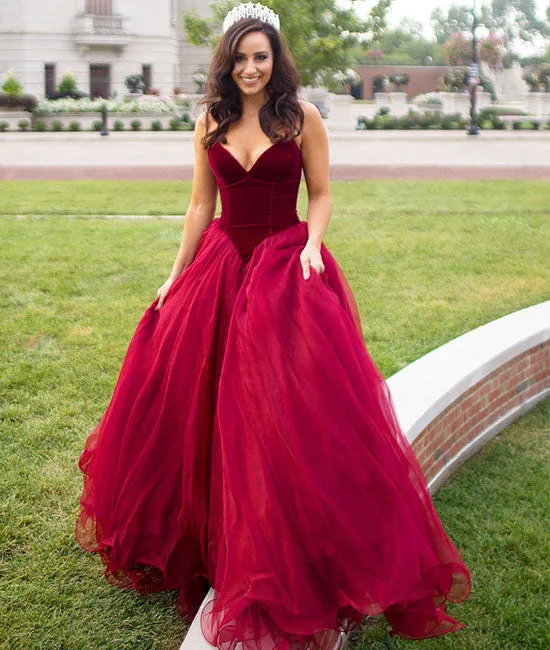 Simple sweetheart tulle burgundy long prom dress, burgundy evening dress