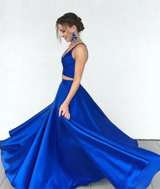 Simple two pieces blue satin long prom dress, blue evening dress