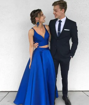 Simple two pieces blue satin long prom dress, blue evening dress