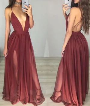 simple v neck chiffon Burgundy long prom dress, evening dress