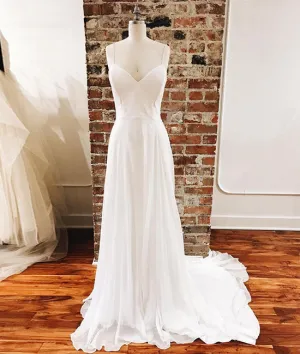 Simple White chiffon long prom dress, white evening dress