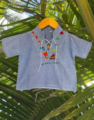 Size 2: 18-24 months Chambray Traditional Embroidered Shirt from El Salvador-Camisa de niñxs bordado