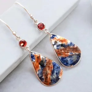 Sodalite & Garnet Solid 925 Sterling Silver Earrings