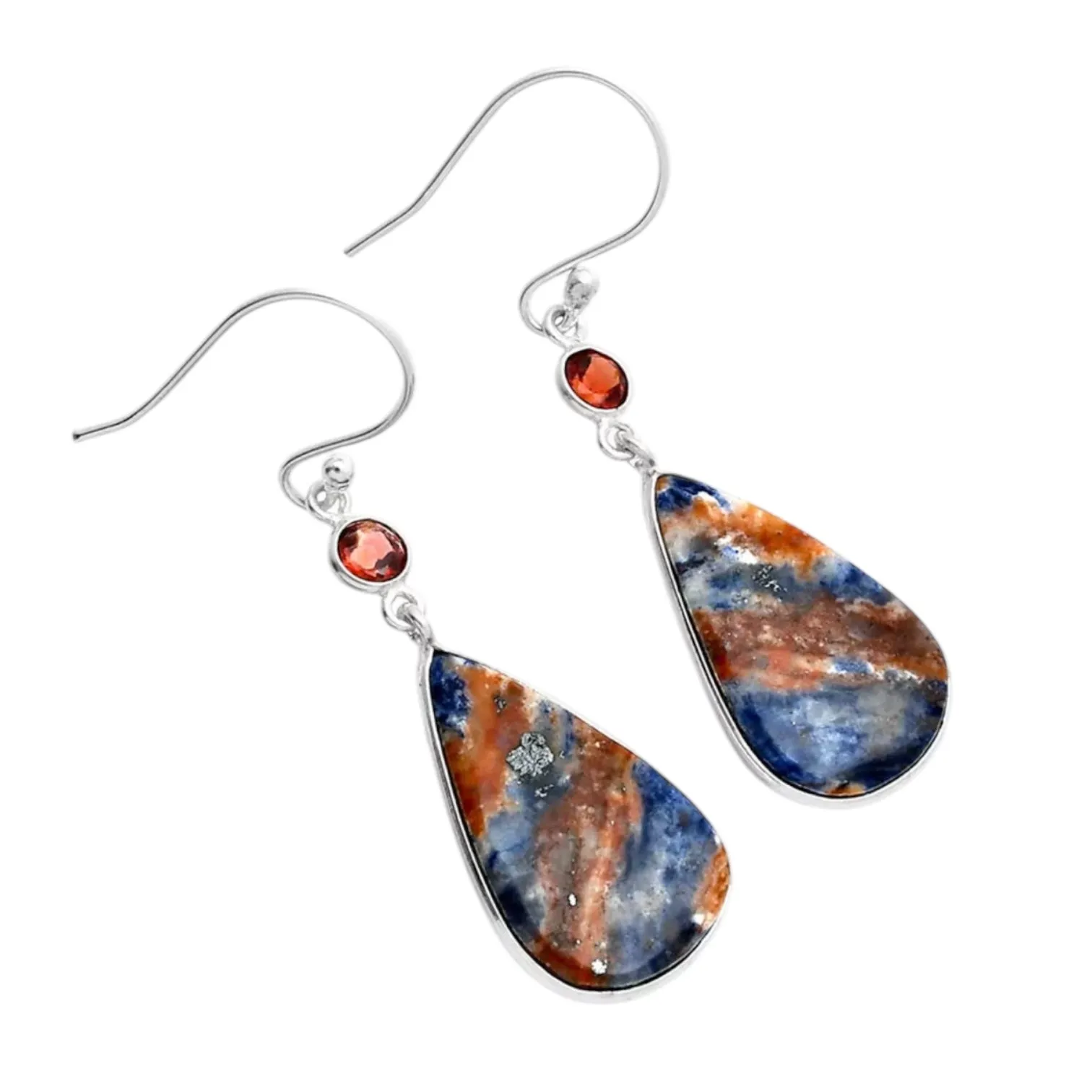 Sodalite & Garnet Solid 925 Sterling Silver Earrings