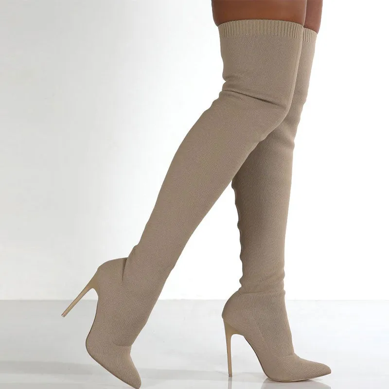 Solid Elastic Knitted Pointed Toe Over The Knee Boots