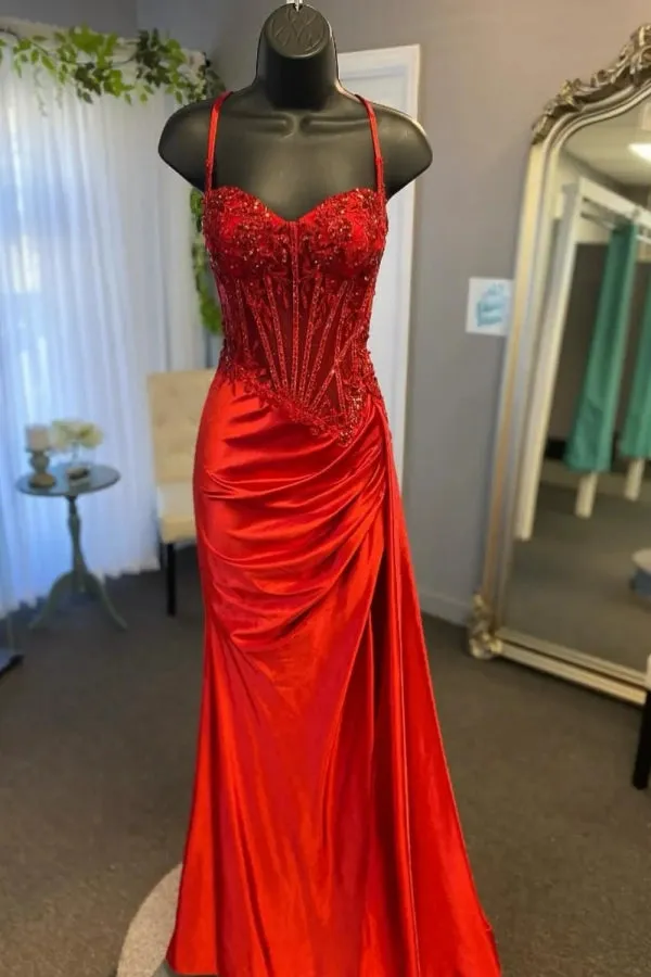Spaghetti Mermaid Straps Silver Corset Long Prom Dress TP1370