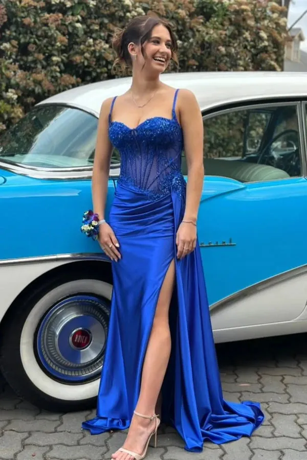 Spaghetti Mermaid Straps Silver Corset Long Prom Dress TP1370