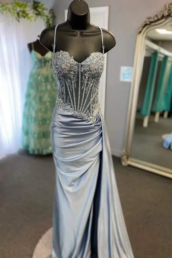Spaghetti Mermaid Straps Silver Corset Long Prom Dress TP1370