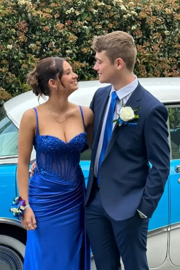 Spaghetti Mermaid Straps Silver Corset Long Prom Dress TP1370