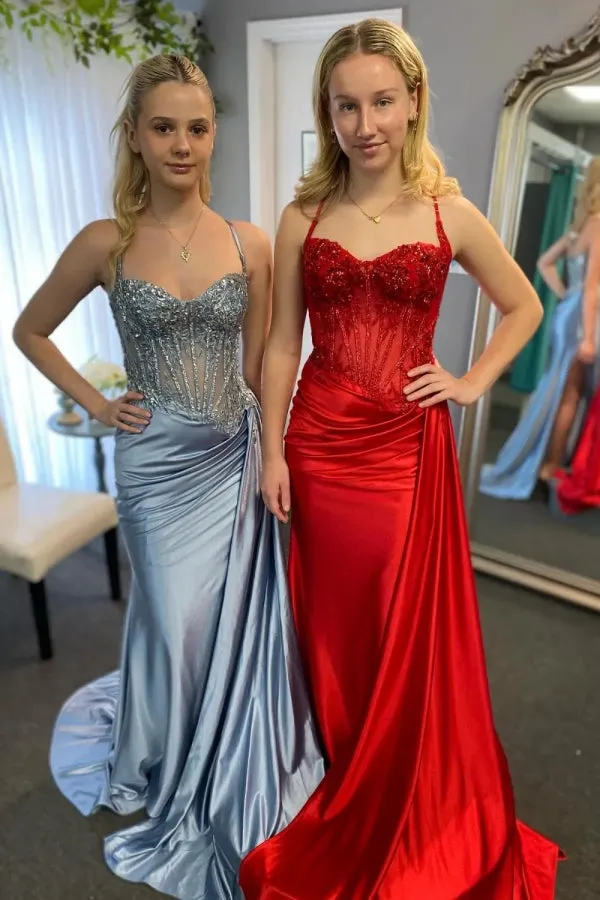 Spaghetti Mermaid Straps Silver Corset Long Prom Dress TP1370