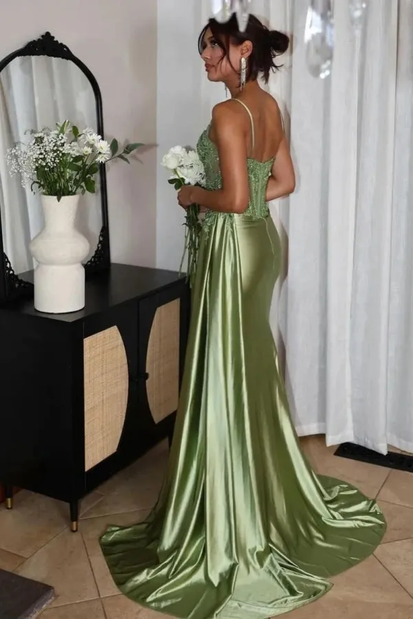 Spaghetti Mermaid Straps Silver Corset Long Prom Dress TP1370