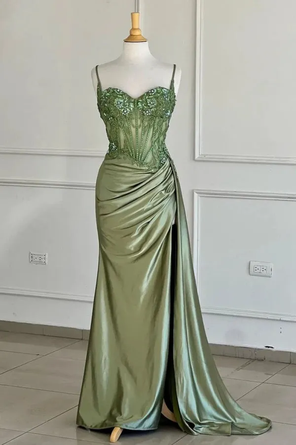Spaghetti Mermaid Straps Silver Corset Long Prom Dress TP1370