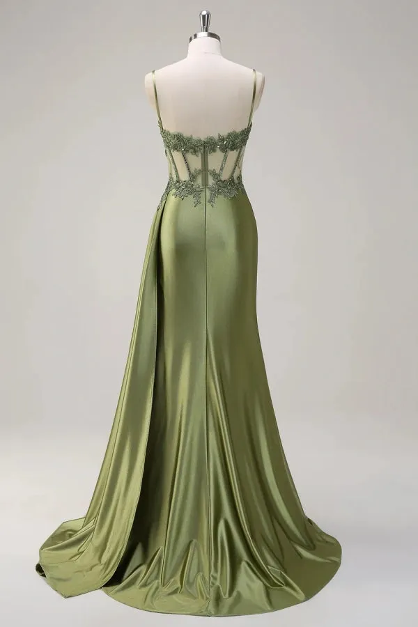 Spaghetti Mermaid Straps Silver Corset Long Prom Dress TP1370