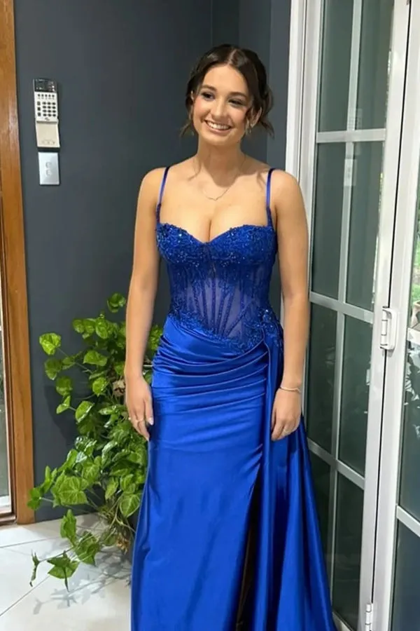 Spaghetti Mermaid Straps Silver Corset Long Prom Dress TP1370