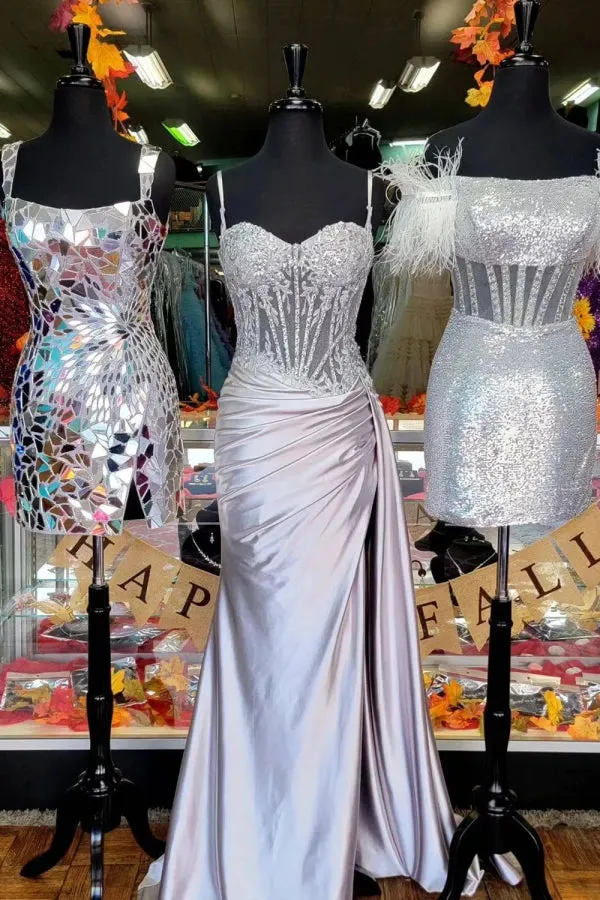 Spaghetti Mermaid Straps Silver Corset Long Prom Dress TP1370