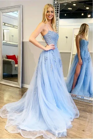 Spaghetti Straps High Slit Evening Dress Appliqued Sweep Train Long Prom Dress  PSK176