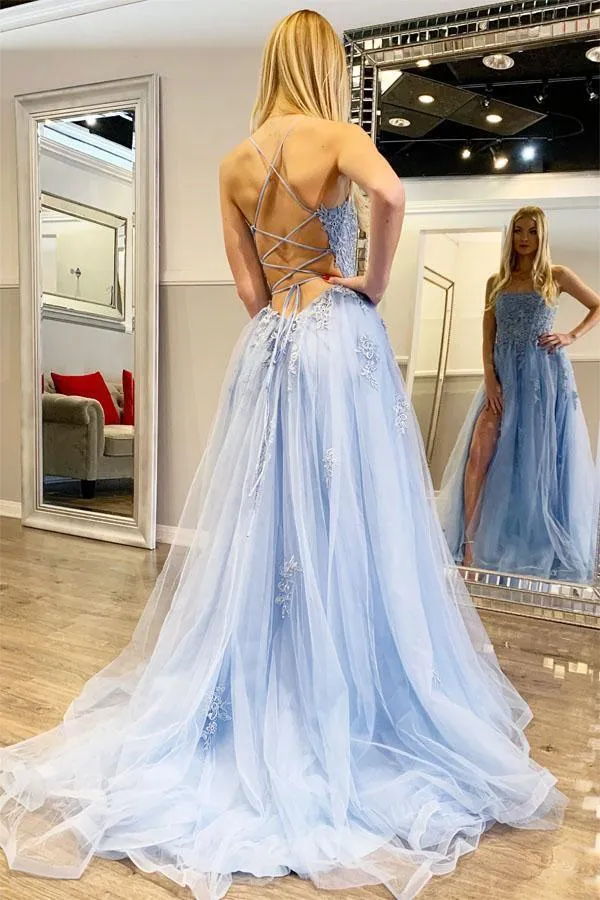 Spaghetti Straps High Slit Evening Dress Appliqued Sweep Train Long Prom Dress  PSK176
