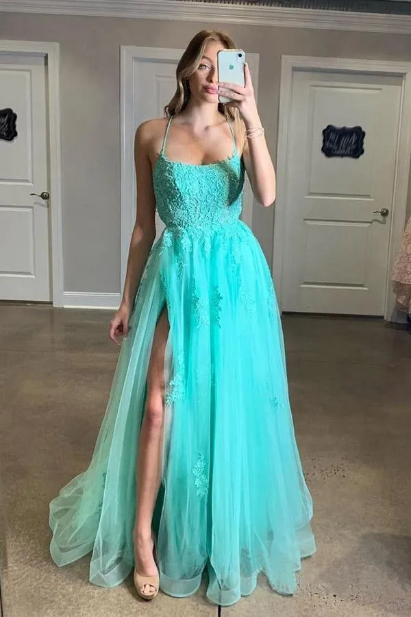 Spaghetti Straps High Slit Evening Dress Appliqued Sweep Train Long Prom Dress  PSK176