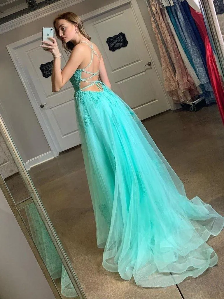 Spaghetti Straps High Slit Evening Dress Appliqued Sweep Train Long Prom Dress  PSK176