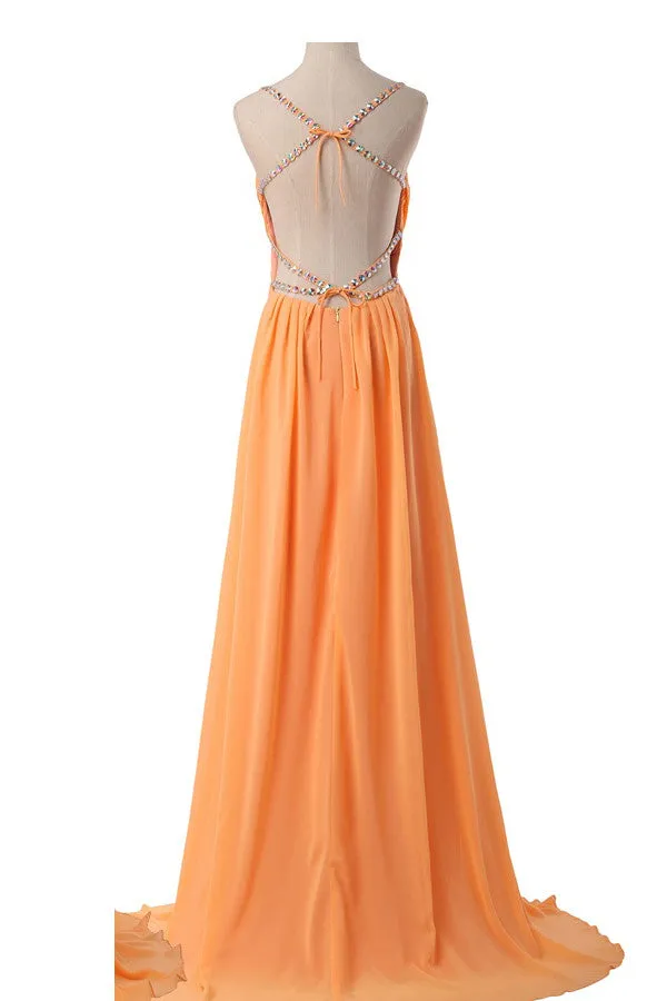 Spaghetti Straps Simple Modest Orange Backless Cheap Prom Dress For Teens OK32