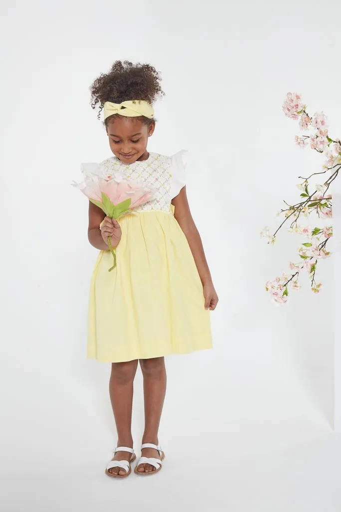 SS23 Kidiwi Girls Leanne Lemon & White Smocked Dress