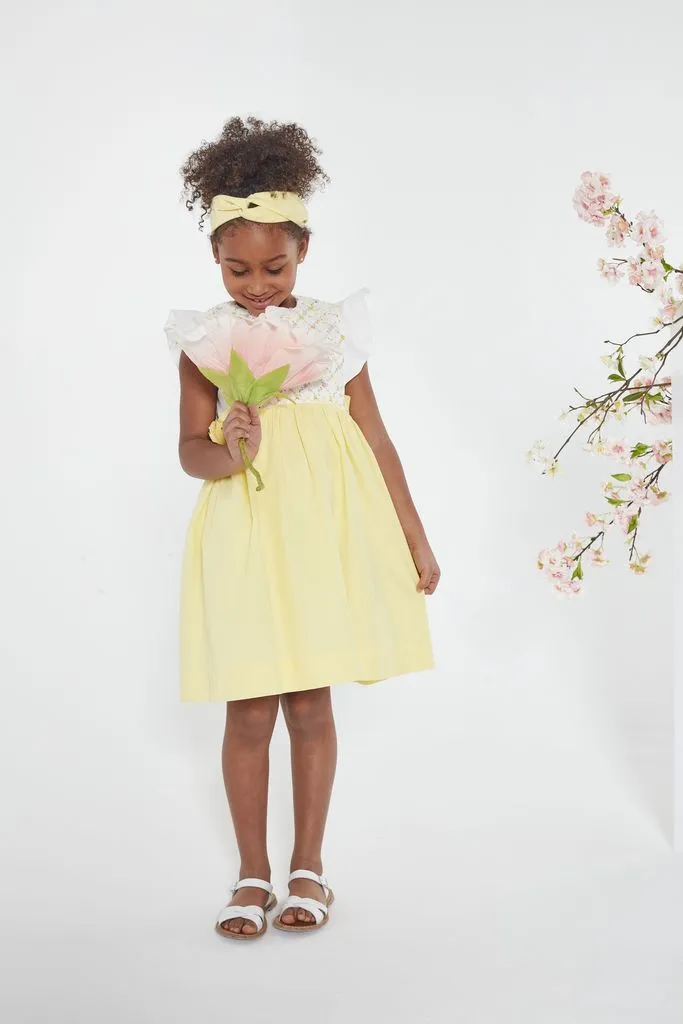 SS23 Kidiwi Girls Leanne Lemon & White Smocked Dress