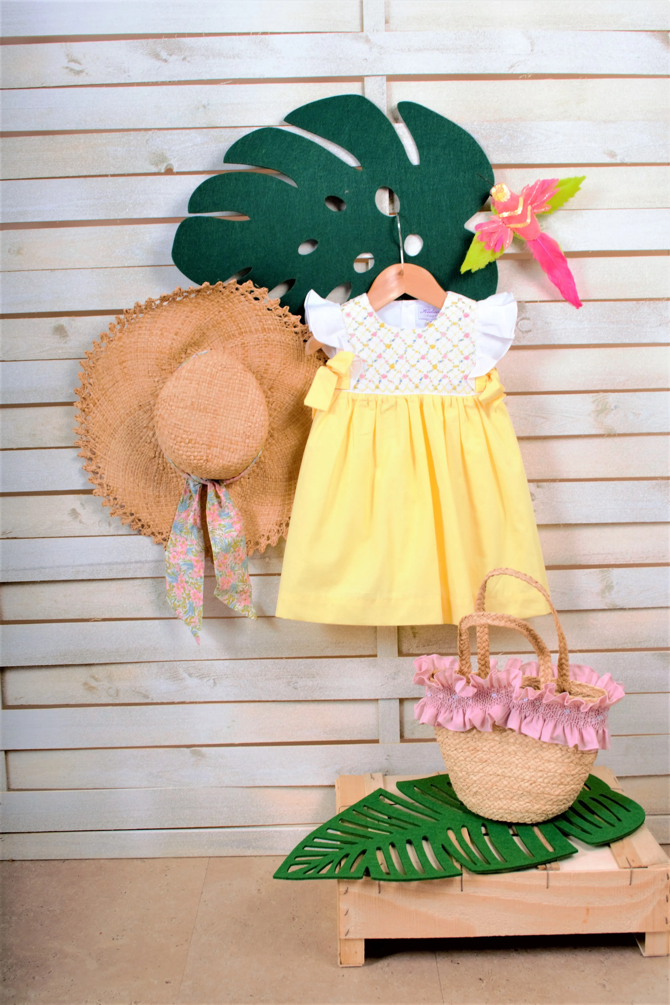 SS23 Kidiwi Girls Leanne Lemon & White Smocked Dress