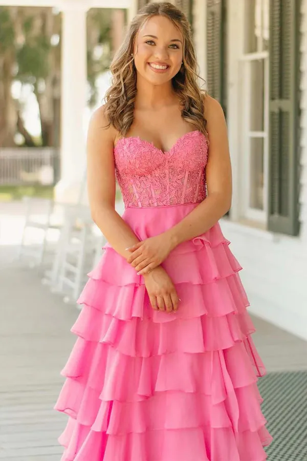 Strapless Lace Bodice Slit Pink Prom Dress with Ruffle Skirt TP1390
