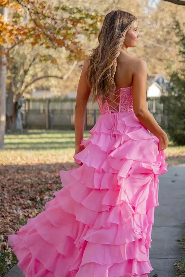 Strapless Lace Bodice Slit Pink Prom Dress with Ruffle Skirt TP1390
