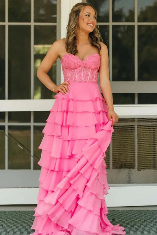 Strapless Lace Bodice Slit Pink Prom Dress with Ruffle Skirt TP1390
