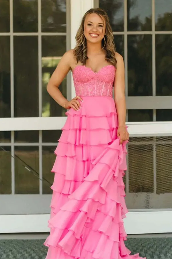 Strapless Lace Bodice Slit Pink Prom Dress with Ruffle Skirt TP1390