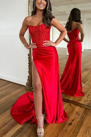 Strapless Mermaid Red Lace Long Prom Dress, Mermaid Red Formal Dress, Red Lace Evening Dress APP0760