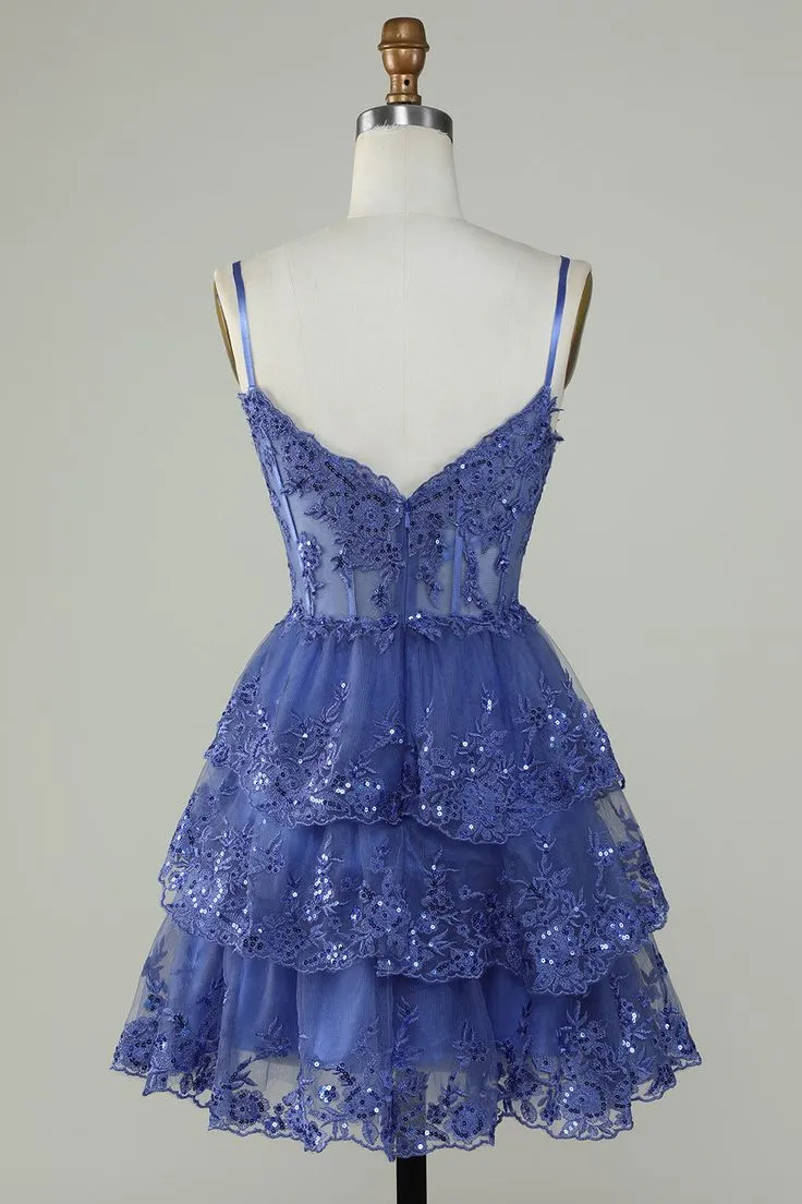 Straps Lavender Sequins Corset Layered Homecoming Dress      fg3729