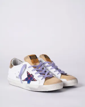 super-star leather upper suede toe checked tartan star laminated heel metal lettering - white/sand/multicolor/gold 10749