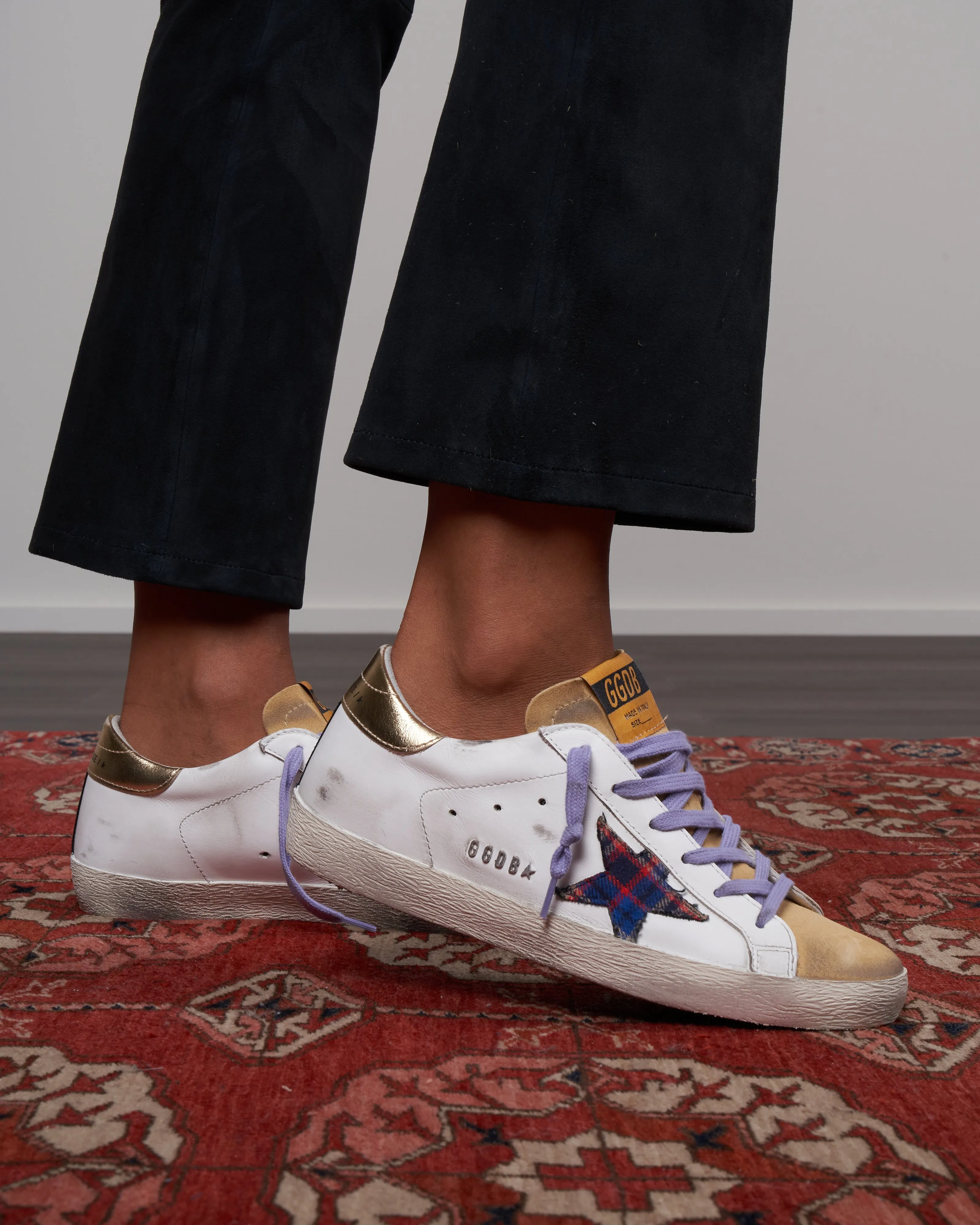 super-star leather upper suede toe checked tartan star laminated heel metal lettering - white/sand/multicolor/gold 10749