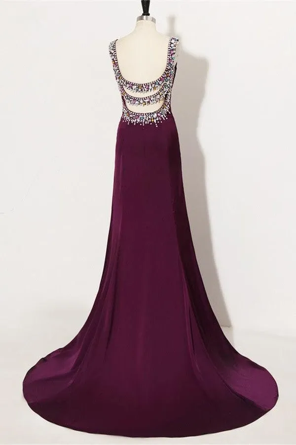 Sweep Train Plum Beaded Long Front Split Mermaid Prom Dress For Teens K740