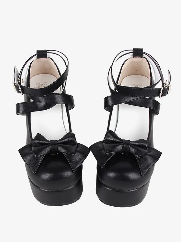 Sweet Lolita Footwear Black Bow Bows Round Toe PU Leather Lolita Shoes