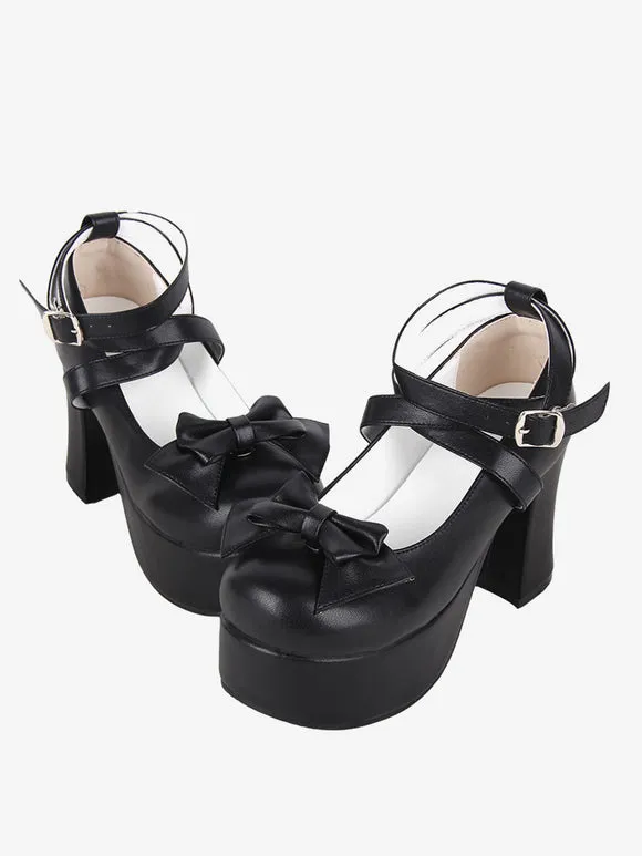 Sweet Lolita Footwear Black Bow Bows Round Toe PU Leather Lolita Shoes