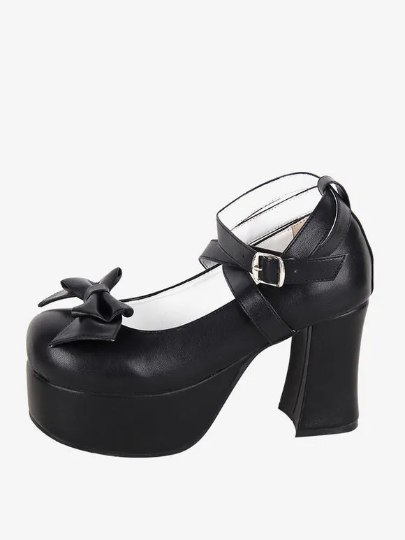 Sweet Lolita Footwear Black Bow Bows Round Toe PU Leather Lolita Shoes
